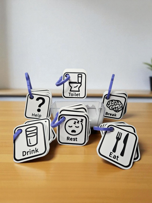 Basic Needs Communication Tags - 3D Printed Visual Communication Aid for Kids - Set of 6 Durable Plastic Tags